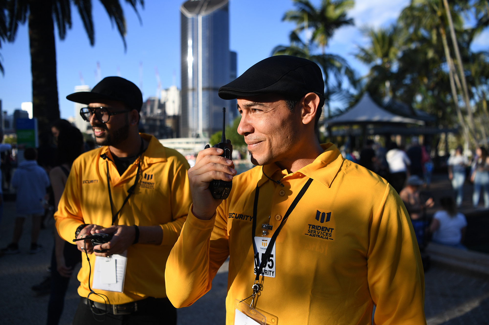 Two security guards standing outside